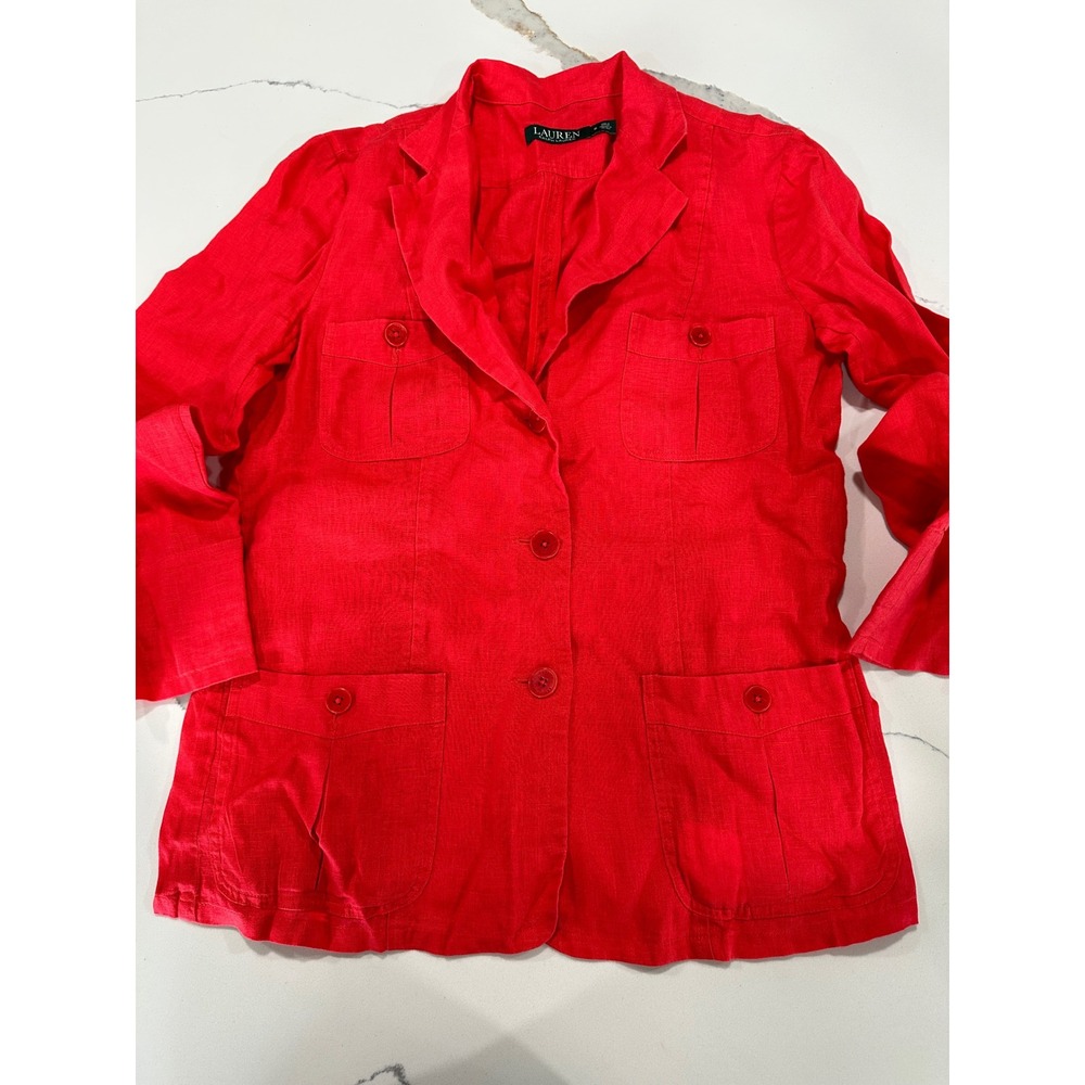 Ralph Lauren Red Linen 4-Pocket Field Safari Jacket Blazer Womens 6
